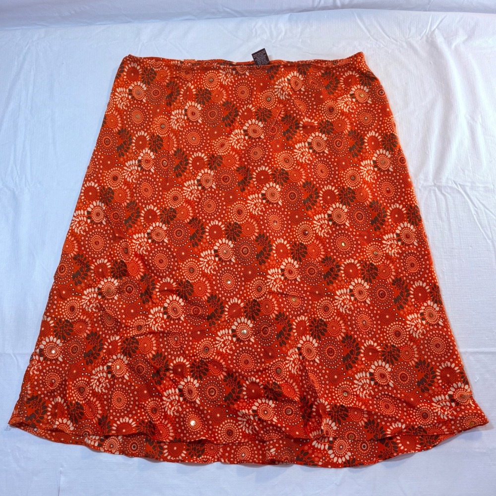 New York & Company Orange Silk Floral Mandala Sequin Midi Skirt Large L 5160